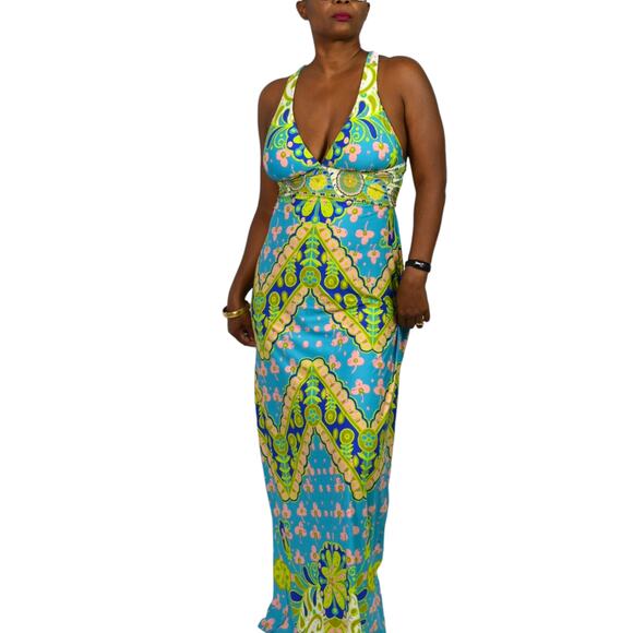 Trina Turk Woodblock Halter Maxi Dress Green Floral Swim Coverup Sundress Large - Picture 1 of 14